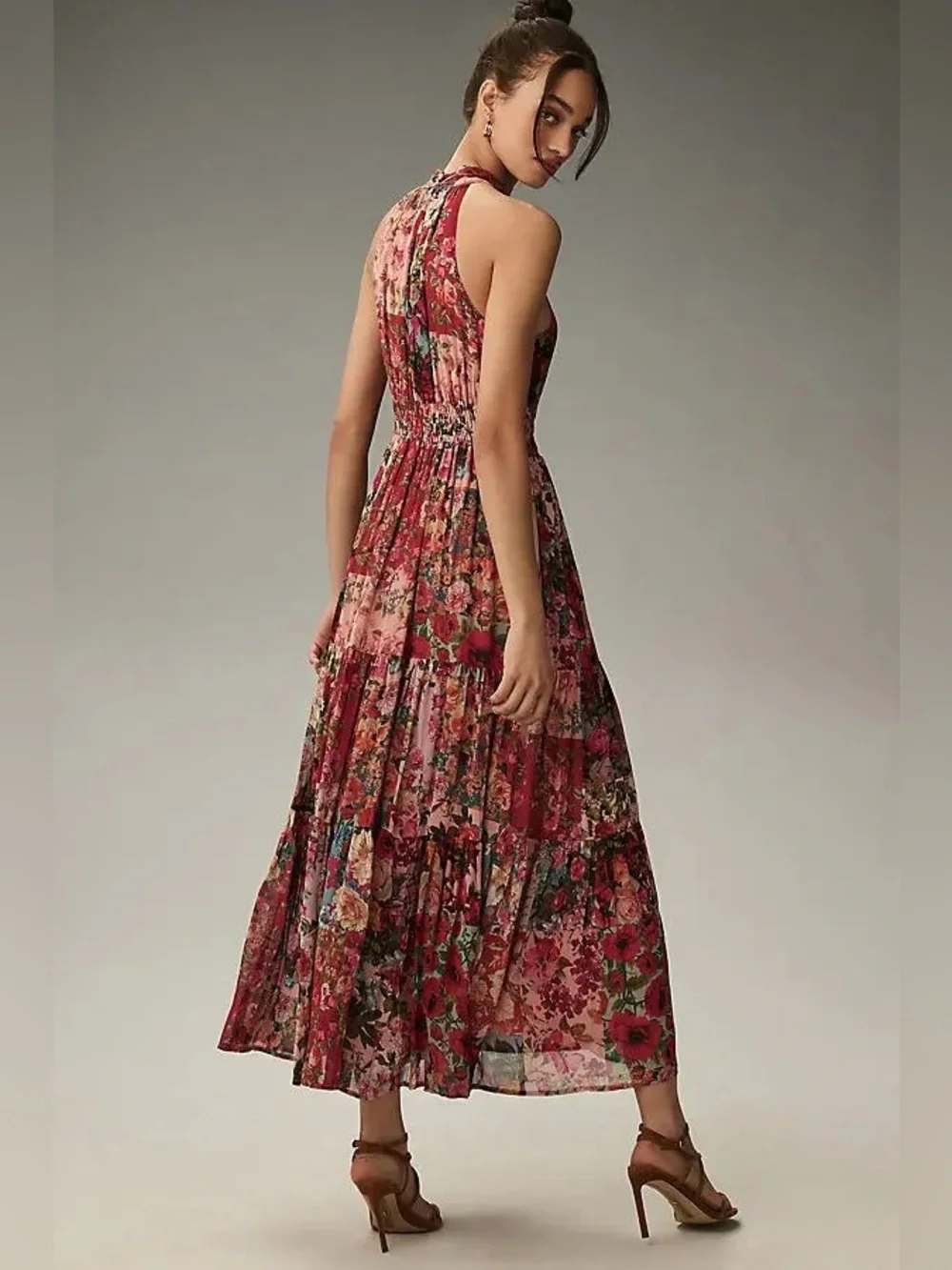 Anthropologie Boho Chiffon Maxi Dress Floral Patchwork Halter Smocked size L_2